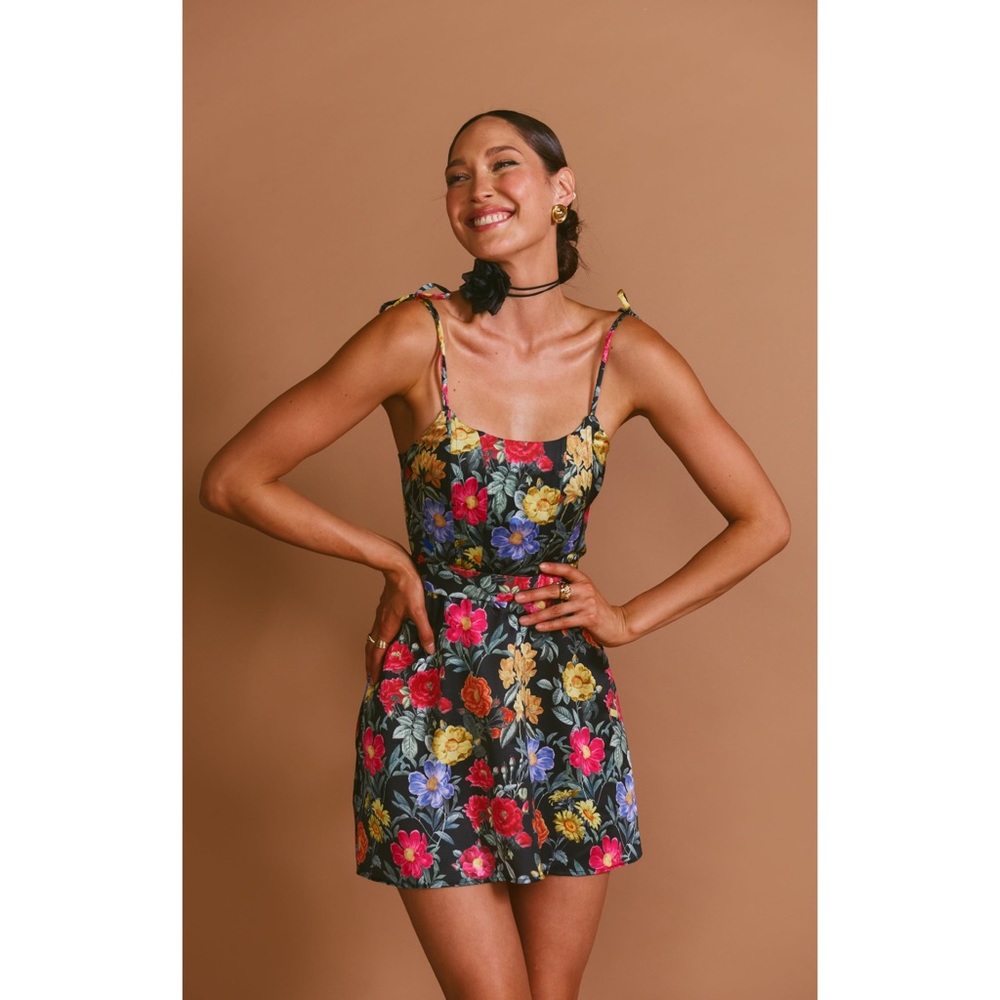 Show Me Your Mumu Julie Mini Dress in Charm Peony Black Satin size XS